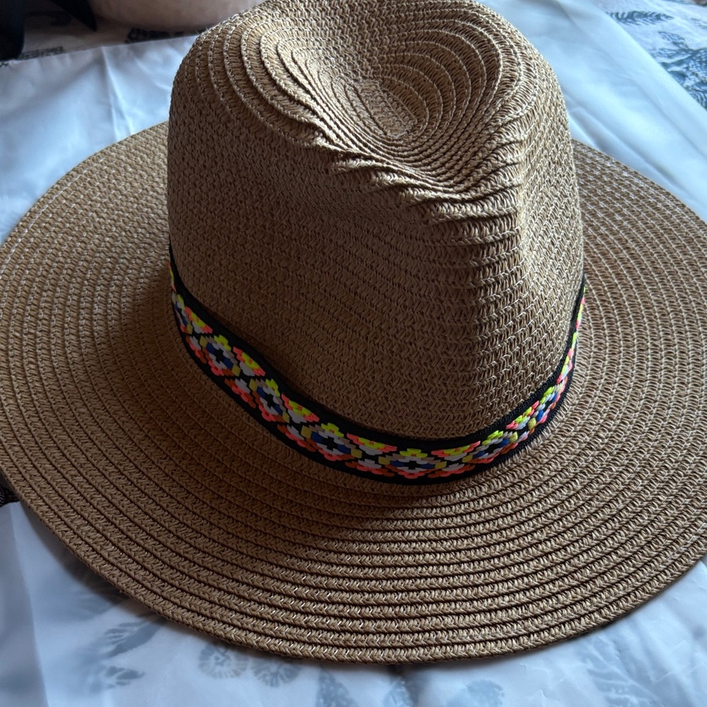 Stylish Tan Straw Hat with Colorful Band